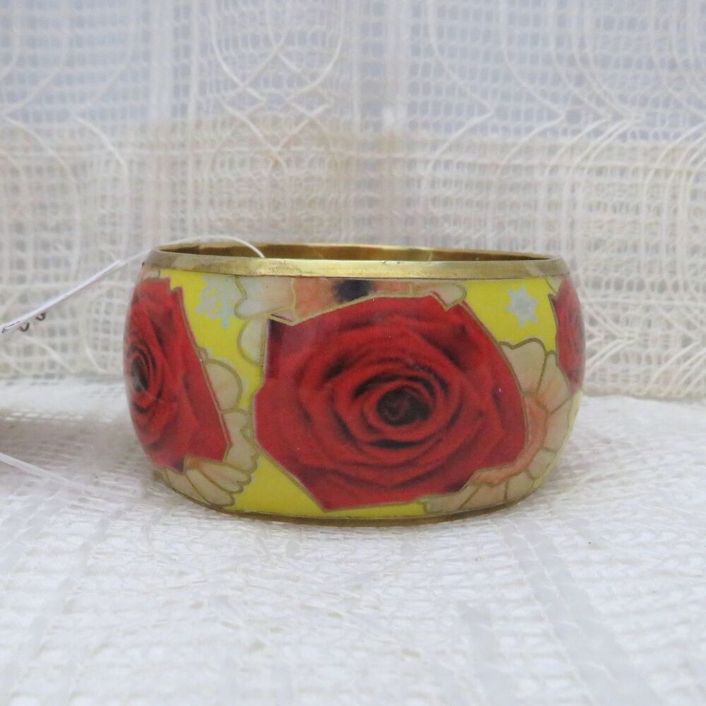 Fantasia Bangle Bracelet Women Yellow with Red Rose Chunky Business or Casual